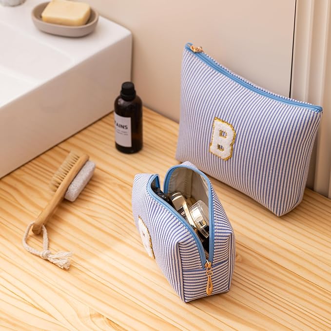 Blue Personalized Initial Makeup Bag Set, Cute Preppy Travel Toiletry Cosmetic Bags, Small Make Up Pouch, Birthday Gifts for Women, Girls, Friends, (L)