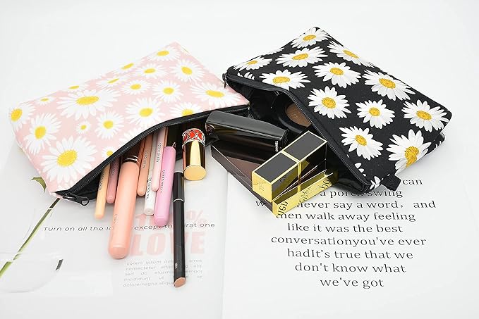 2 Pcs Cosmetic Bag for Women Small Make Up Bag Waterproof Travel Toiletries Pouch with Zipper for Organizing Small Items, Gift Bags for Birthday Christmas(Daisy Flower 1)