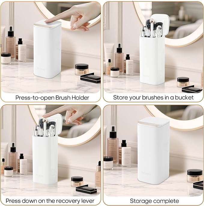 Makeup Brush Holder with Lid,One Touch Open 4 Slot Makeup Brush Case with Waterproof Dustproof,Brushes Storage Holder for Vanity, Dresser, Desk (White)