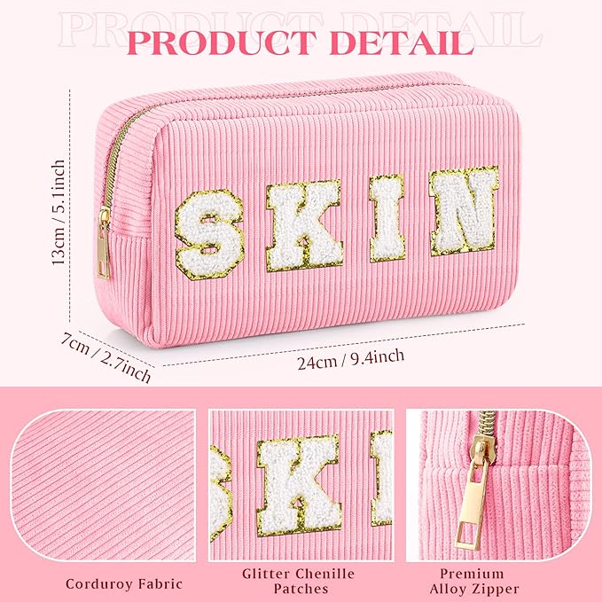 4 Pcs Preppy Patch Makeup Bag Corduroy Cosmetic Bag Makeup Accessories Skincare Pouch Chenille Letter Portable Zipper Face Pouch Cute Toiletry for Women Travel(Pink White Series Color)