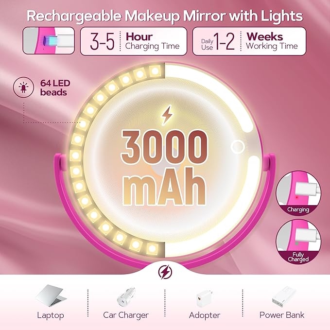 B Beauty Planet Makeup Mirror with Lights, Lighted Magnifying Mirror 20X with 3 Lighting and Adjustable Brightness, 2-Sided Height Adjustable Vanity Mirror for Bathroom, Gifts for Women Hot Pink