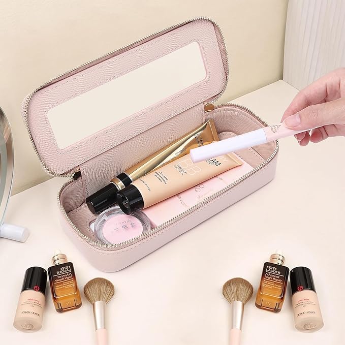 Makeup Brush Case Clear Travel Cosmetic & Toiletry Bag Small Makeup Bag with Zipper Purse Organizer Car Essential Bag for Women (Pink, SLIM)