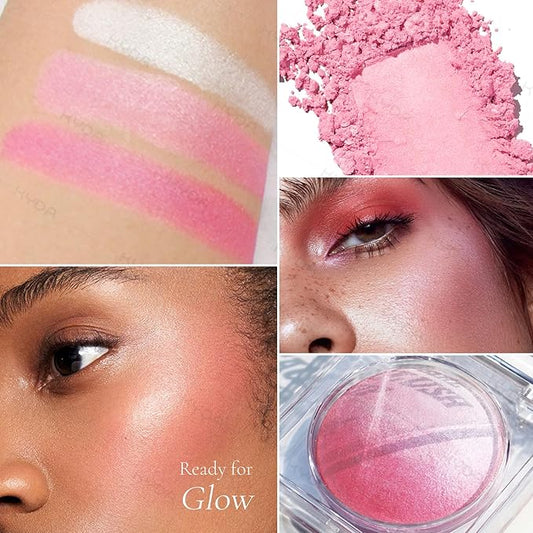 KYDA Pink Baked Blush, Pink Glow Powder for Blush and Highlighter, High Glossy Finish, Lightweight Blendable Shimmer Blusher, Multiuse Baked Powder, 0.53 oz