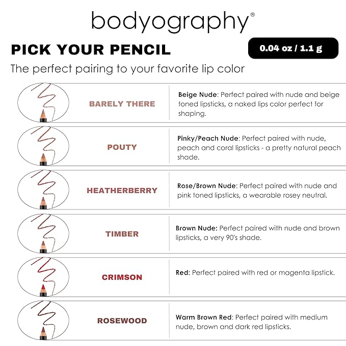 Bodyography Rosewood Lip Pencil | Wooden Lip Liner Pencil with Coconut Oil, Vitamin E & C | Long-Lasting, Matte Liner for Definition & Color | Makeup Essential for Smooth Lip Contour
