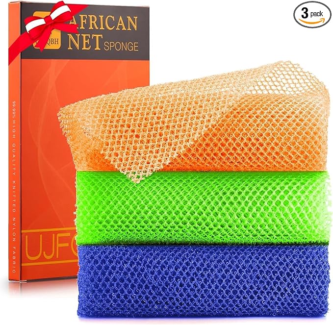 3 Pieces African Bath Sponge African Net Long Net Bath Sponge Exfoliating Shower Body Scrubber Back Scrubber Skin Smoother,Great for Daily Use (Orange、Blue、Green)
