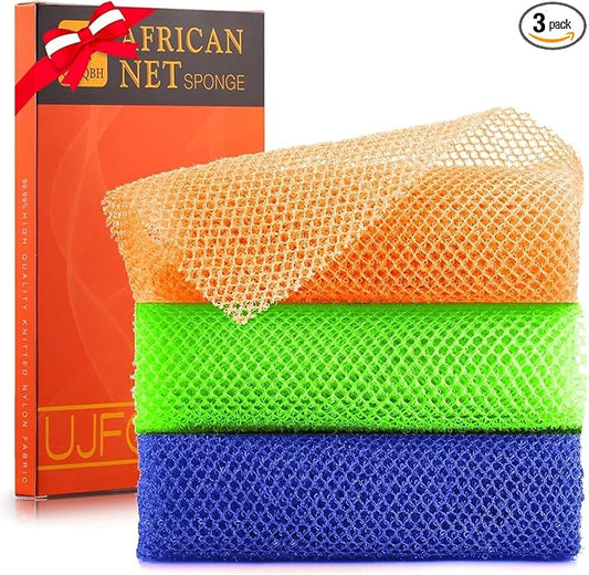3 Pieces African Bath Sponge African Net Long Net Bath Sponge Exfoliating Shower Body Scrubber Back Scrubber Skin Smoother,Great for Daily Use (Orange、Blue、Green)
