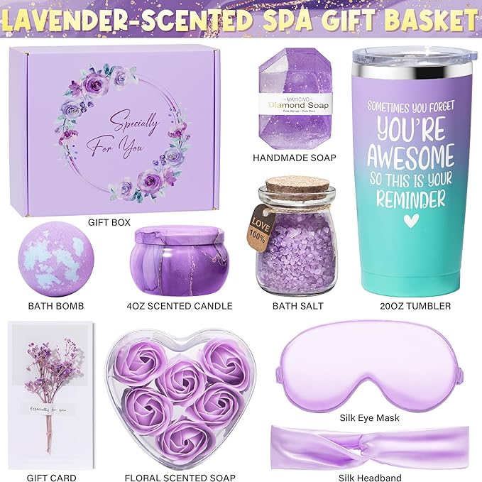 Birthday Gifts for Women Friendship, Lavender Relaxing Spa Gifts Basket for Women Self Care Gifts, Thank You Gifts Bath Set Christmas Gifts for Mom Her Best Friend Wife Sister Coworker Nurse Teacher