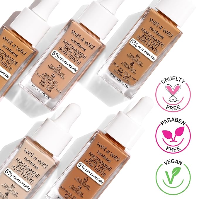 wet n wild Bare Focus Skin Tint, 5% Niacinamide Enriched, Buildable Sheer Lightweight Coverage, Natural Radiant Finish, Hyaluronic & Vitamin Hydration Boost, Cruelty-Free & Vegan - Deep