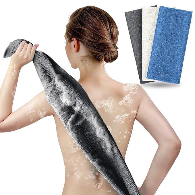 ARCH&M Exfoliating Washcloth Body Scrubber Back Scrubber for Shower Japanese Beauty Washcloth Bath Wash Cloth Korean Exfoliation Luffah Towel Net Sponge Loofah Scrub 3 Pack (Black Off-White Navy-Blue)