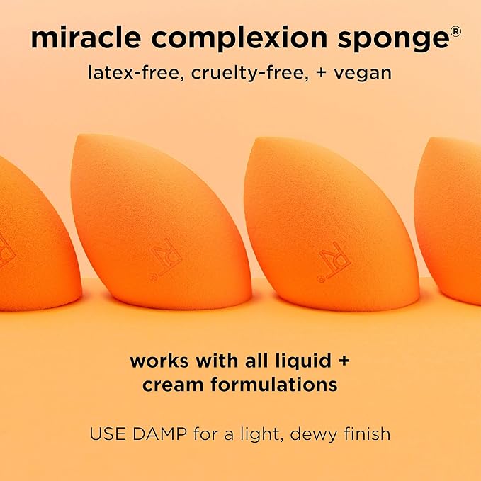 Real Techniques Miracle Complexion Sponge, Makeup Blending Sponge, For Liquid & Cream Foundation, Offers Light To Medium Coverage, Natural, Dewy Makeup, Orange Sponge, Latex-Free Foam, 1 Count