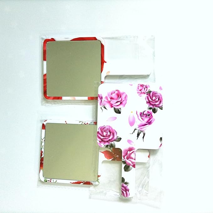 3Pcs Hand Held Makeup Mirror with with Printed Flowers Portable Crystal Clear Cosmetic Mirror for Home, Travel,Salon,Square