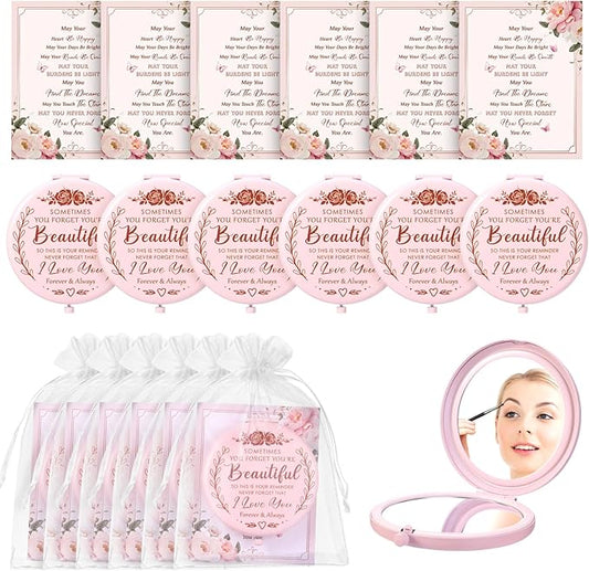 6-Pack Inspirational Compact Mirrors – 'Sometimes You Forget You're Beautiful' – Pink Pocket Mirrors – Appreciation Gifts for Women, Party Favors, Magnifying Makeup Mirrors