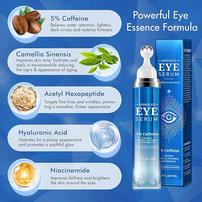 5% Caffeine Eye Cream for Dark Circles and Puffiness, Under Eye Serum for Wrinkles, Eye Serum for Under Eye Bags Fine Lines with 360° Eye Massage Ball, Morning Night Eye Skin Care for Men and Women