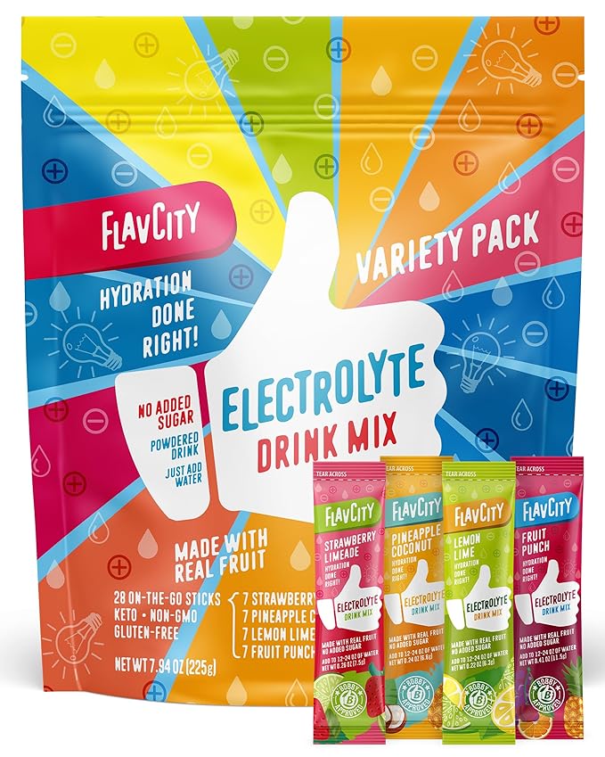 FlavCity Electrolytes Powder Packets - 28 Hydration Packets, Variety Pack - No Added Sugar - Hydration Powder with Real Fruit & Unrefined Sea Salt - Keto & Gluten-Free (28 Stick Packs)