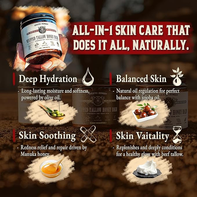 Wrath & Remedy Handmade Whipped Organic Beef Tallow for Skin - 4 OZ (Unscented) — Grass Fed Beef Tallow Moisturizer and Honey Balm for Silky, Sensitive-Skin, Eczema, Rosacea - Free of Harsh Chemicals
