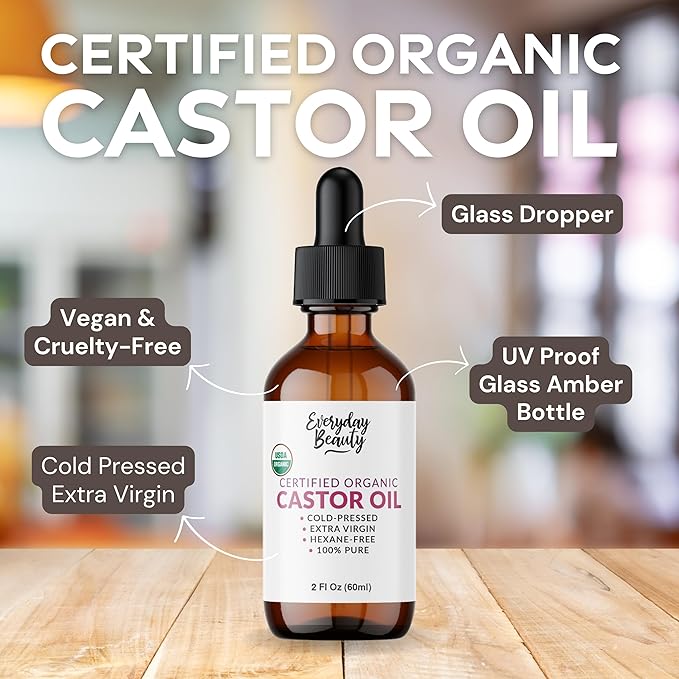 Organic Castor Oil - 100% Pure Certified USDA Organic, Cold Pressed & Hexane-Free, For Eyelashes, Eyebrows, Hair, Skin & Wellness Packs - 2 Fl Oz Glass Bottle & Dropper