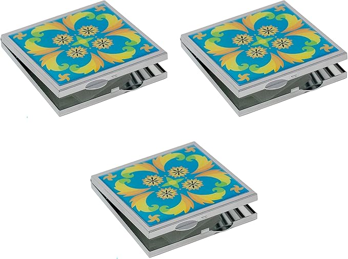 Stephanie Imports Set of 3 Double Sided Magnifying Compact Slim Mirrors with Printed Insert (Square - Psychedelic Turquoise)