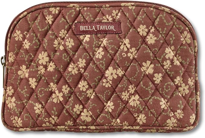 Bella Taylor Large Makeup Pouch for Women | Quilted Cotton Cosmetic Bag for Travel and Organization | Burgundy Floral