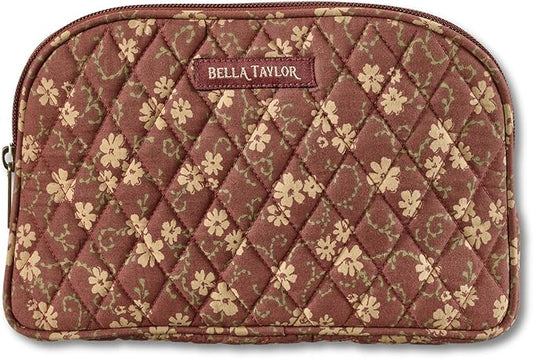 Bella Taylor Large Makeup Pouch for Women | Quilted Cotton Cosmetic Bag for Travel and Organization | Burgundy Floral