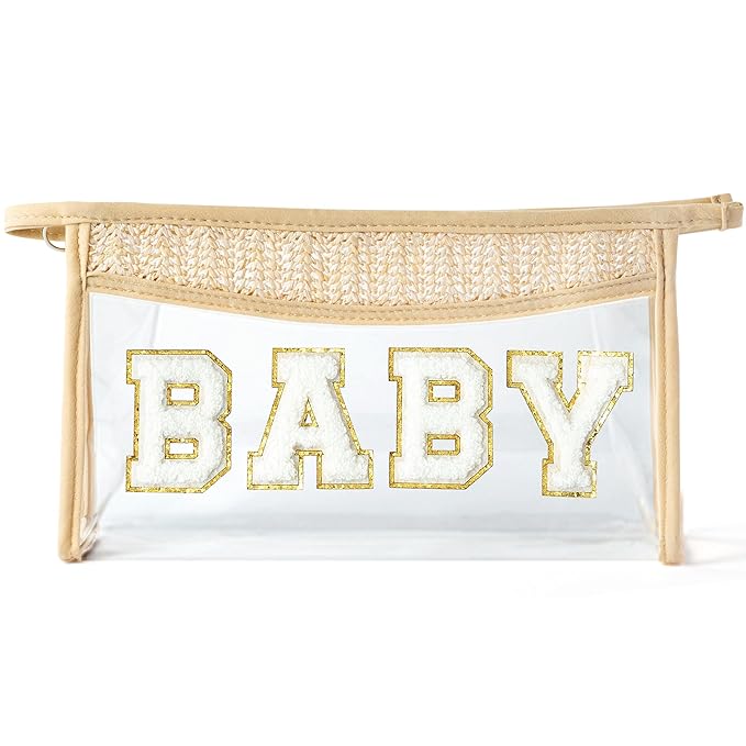 Boho Patch Cosmetic Bag - Summer Gifts BABY Chenille Varsity Letter Toiletry Kit Beige Clear Waterproof Travel Makeup Bag PVC Zipper Clutch Daily Use Purse for Mom Women Girls Wife