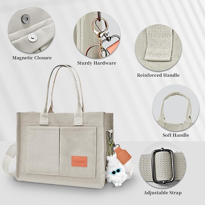 Canvas Tote Bag for Women With Pockets, Laptop Work Crossbody Purses Everything Shoulder Tote Bag Everyday Satchel Handbags