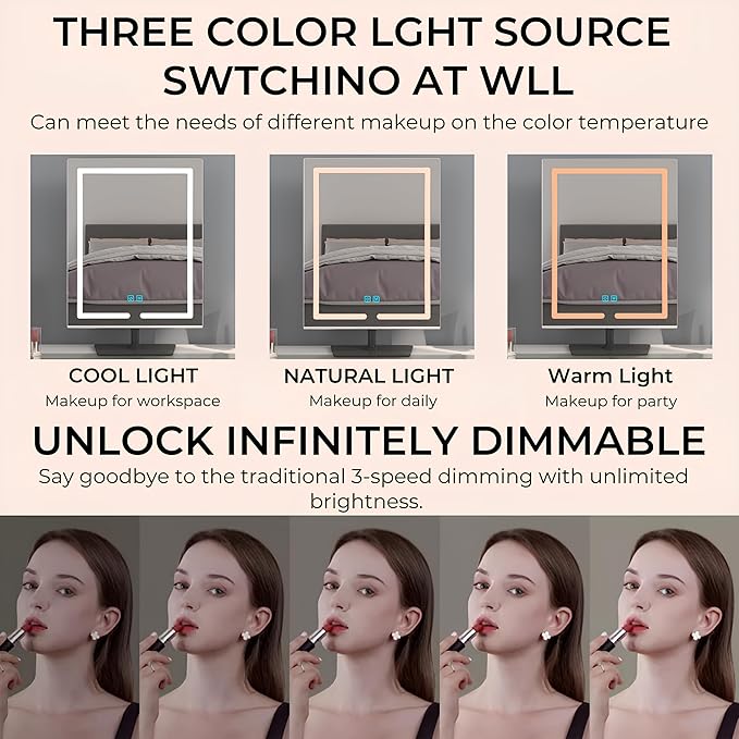 Makeup Mirror with Lights, 12.6 x 17.7 Inch LED Vanity Mirror, Lighted Makeup Mirror with Dimmable 3 Modes, Smart Touch Control, Aluminum Frame and Tempered Glass Base, Bronze