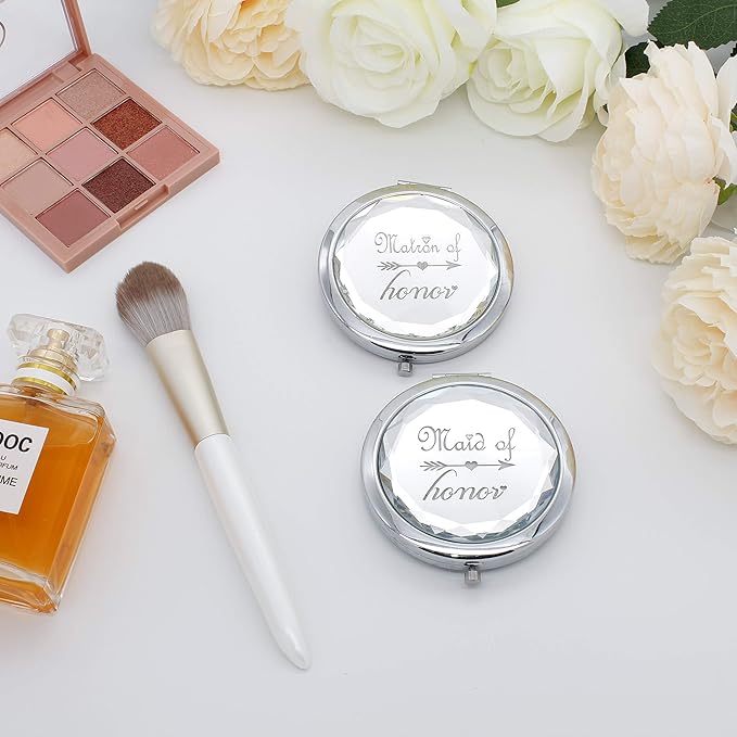 2 Pack Bridesmaid Proposal Gifts,1 Maid of Honor mirror 1 Matron of Honor mirror,Crystal Pocket Compact Makeup Mirror Wedding Bridesmaid Gifts Bachelorette Party Gifts for Bride (silver)