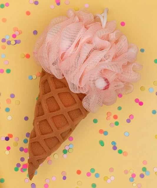Cute Deep Cleansing Body Pouf Loofa Scrubber for Bath and Shower, Soft Sponge with Mesh, Pink Ice Cream Cone