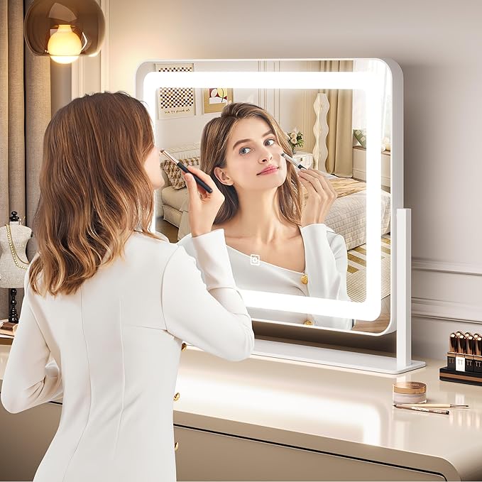 19.6"x15.7" Vanity Mirror with Lights, Large Lighted Mirror, LED Makeup Mirror with 3-Color Dimmable Modes and Smart Touch Control, Perfect for Desk or Bedroom, Vanity Desk Tabletop Makeup, White