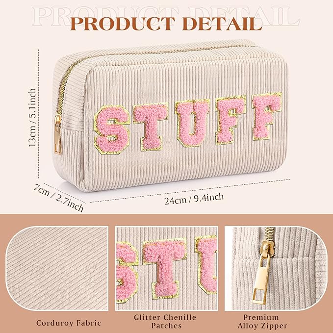 4 Pcs Preppy Patch Makeup Bag Corduroy Cosmetic Bag Makeup Accessories Skincare Pouch Chenille Letter Portable Zipper Face Pouch Cute Toiletry for Women Travel(Pink, Brown Series Color)