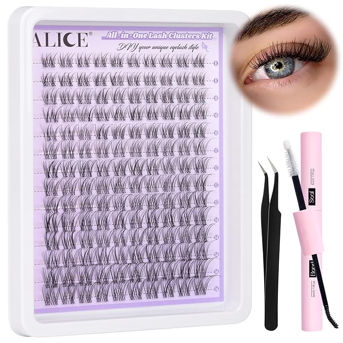 ALICE Lash Clusters Kit Natural Wispy Lash Extension Kit Clear Band Cluster Eyelash Extensions 140pcs 8-16mm Individual Lashes with Lash Glue Bond and Seal and Tweezers DIY at Home