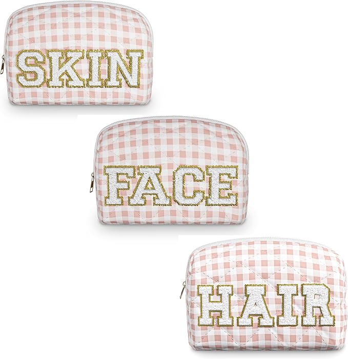 3pc Checker Makeup Cosmetic Bag Preppy Patch Travel Pouch for Women Chenille Letter Patch Small Portable Cosmetic Bag (Pink & White) (Bag Without Handle)