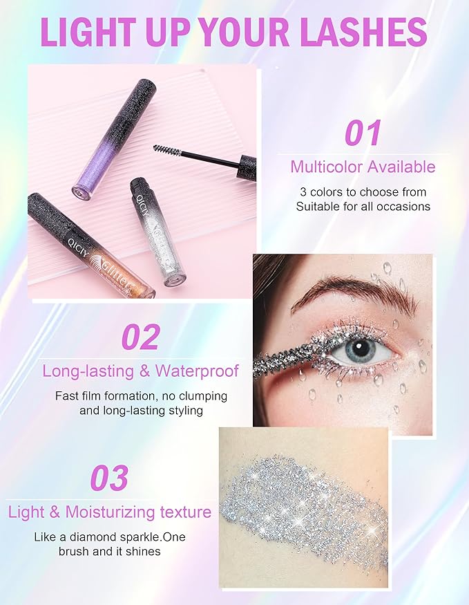 3PCS Glitter Mascara, Define Long Lasting & Waterproof Curling Eyelashes, Diamond Sparkle Mascara, Voluminous Lengthening for Women Party Stage Use
