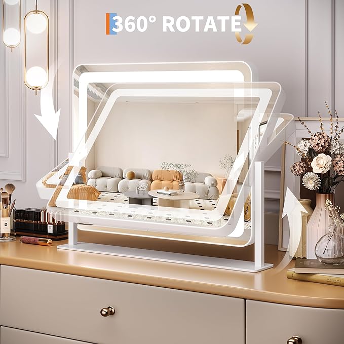 19.6"x15.7" Vanity Mirror with Lights, Large Lighted Mirror, LED Makeup Mirror with 3-Color Dimmable Modes and Smart Touch Control, Perfect for Desk or Bedroom, Vanity Desk Tabletop Makeup, White