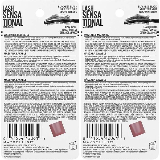 Maybelline Lash Sensational Washable Mascara, Lengthening and Volumizing for a Full Fan Effect, Blackest Black, 2 Count