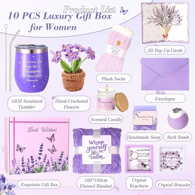 Birthday Gifts for Women Self Care Gifts Set, Lavender Spa Gift Basket Care Package Get Well Gifts for Women Purple Christmas Gifts Box,Unique Gift Idea for Mon Her Sister Best friend Coworker