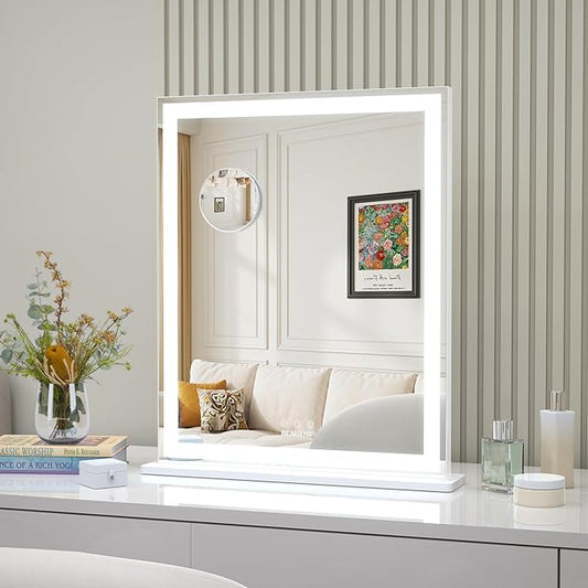 ANYHI Vanity Mirror with LED Light, 24"x20.5" Lighted Vanity Mirror with 10X Magnifying, 3 Color Modes, Dimmable, Smart Touch Control, Aluminum Frame, Tabletop/Wall Mount, White