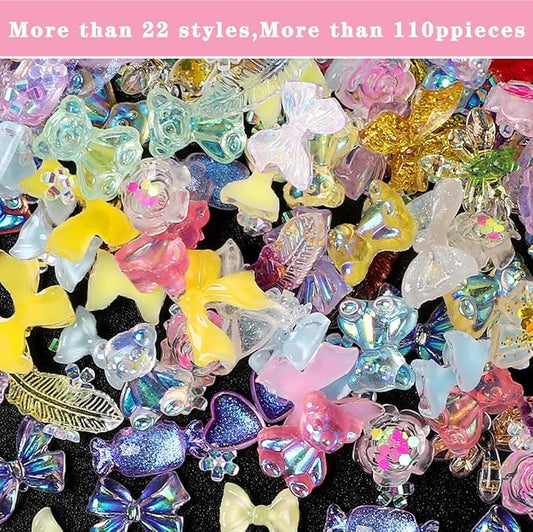 110 Pieces 3D Nail Charms for Acrylic Nails, Camellia Rose Flower Butterfly Bowknot Heart Bear Rabbit Star Charms for Nail Art Designs DIY Accessories Craft(Bear Bow)