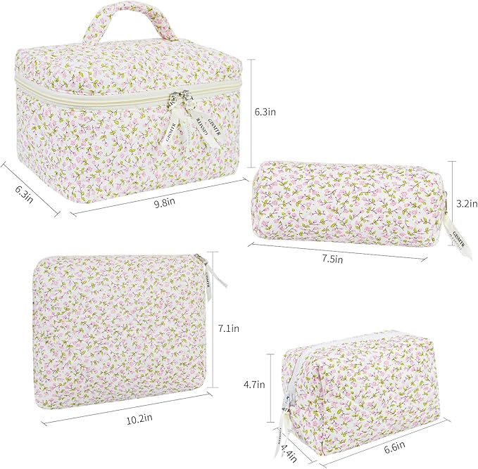 4Pcs Quilted Makeup Bag Set Cute Floral Cosmetic Bag Cotton Coquette Make up Bag Aesthetic Travel Toiletry Bag for Women Girls