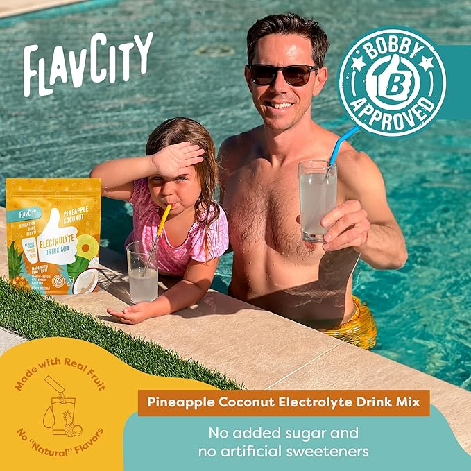FlavCity Pineapple Coconut Electrolytes Powder Packets - 28 Hydration Packets - No Added Sugar - Hydration Powder with Real Fruit & Unrefined Sea Salt - Keto & Gluten-Free (28 Stick Packs)
