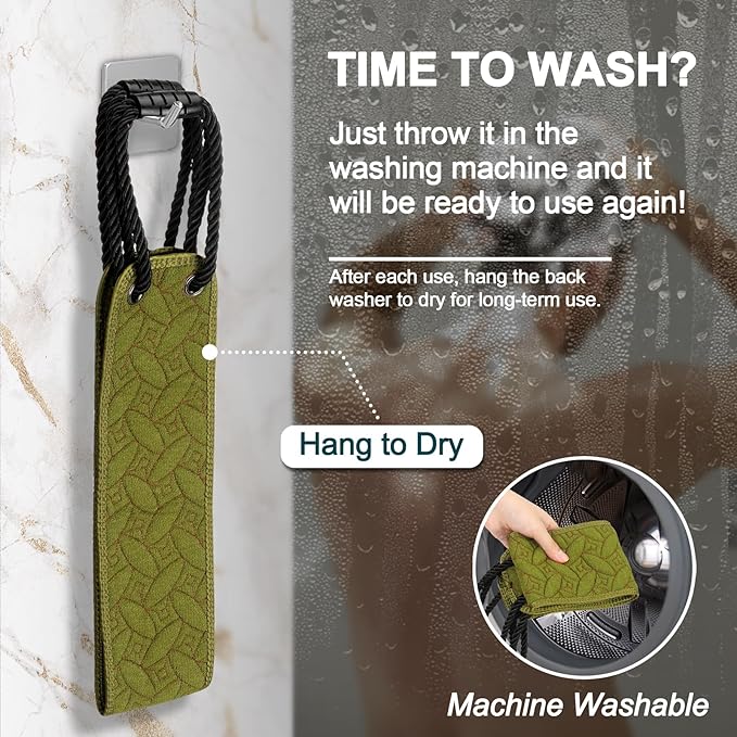 Exfoliating Back Scrubber for Use in Shower, 38.5 Inch Back Washer with Handles, Dual-Sided Body Exfoliator for Daily & Deep Skin Cleaning, Bath Back Scrub Washcloth for Men & Women (Green)