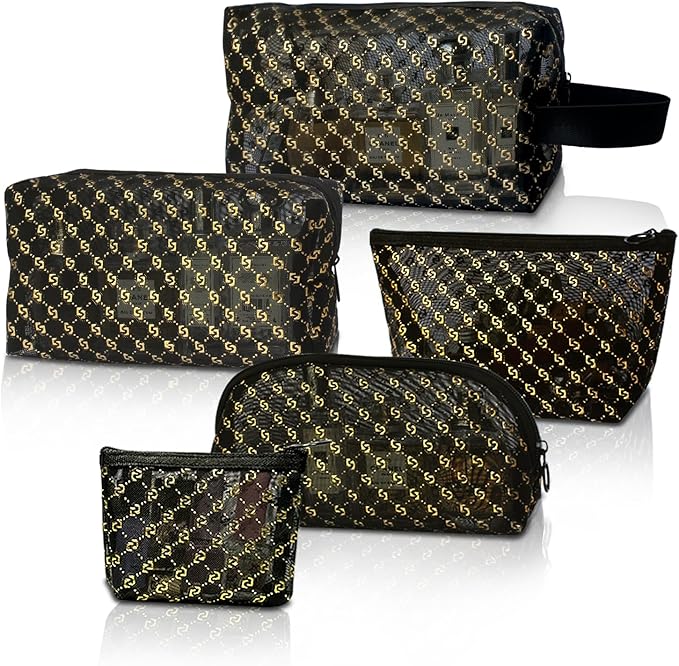 5 Pieces Zipper Mesh Makeup Bags Set, Portable Travel Mesh Cosmetic Bags Toiletry Bags Makeup Purse pouches, Zipper Storage Pouches for Home Offices Travel Accessories (Black Hot Stamping-5pcs)