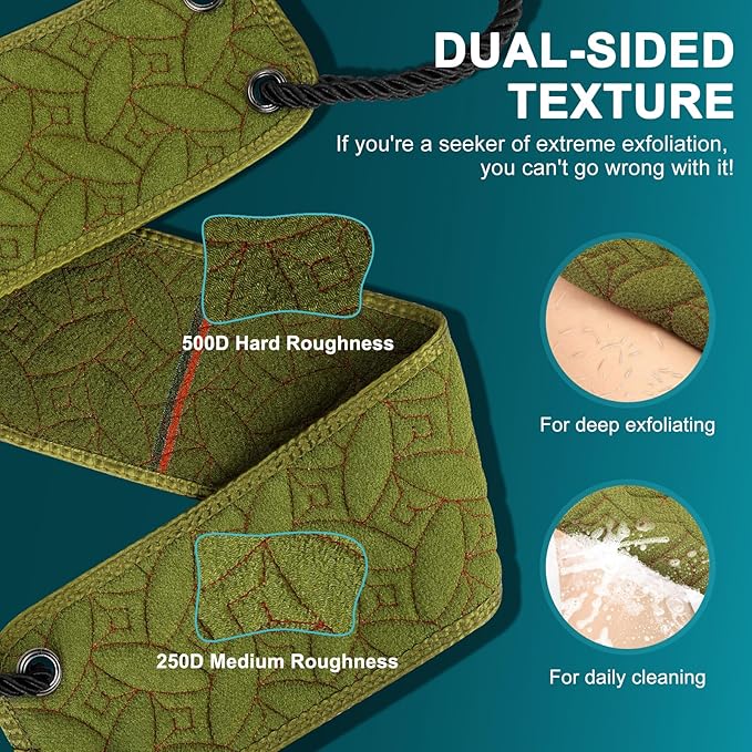 Exfoliating Back Scrubber for Use in Shower, 38.5 Inch Back Washer with Handles, Dual-Sided Body Exfoliator for Daily & Deep Skin Cleaning, Bath Back Scrub Washcloth for Men & Women (Green)