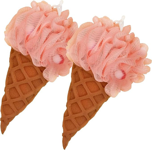 Cute Deep Cleansing Body Pouf Loofa Scrubber for Bath and Shower, Soft Sponge with Mesh, Pink Ice Cream Cone
