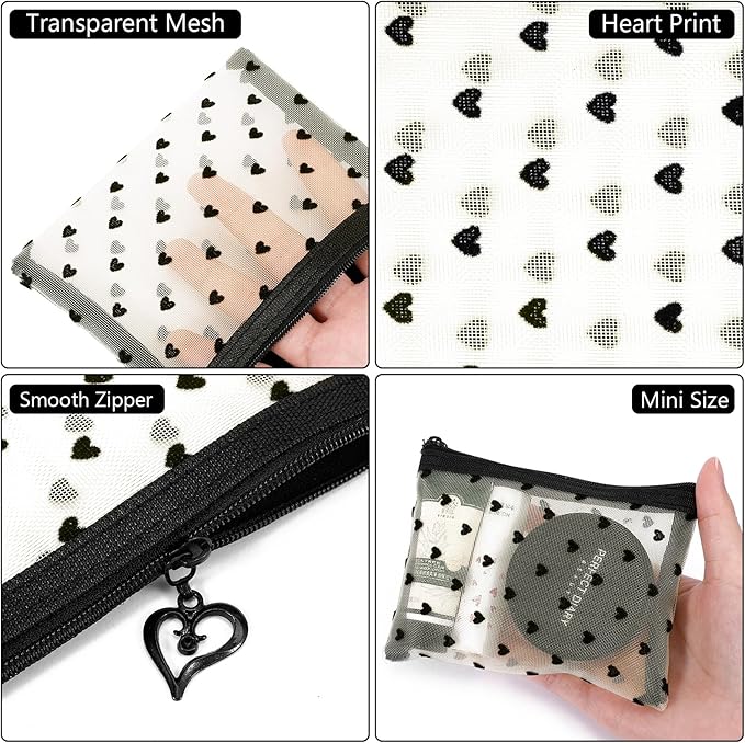 6 Pack Mini Zipper Mesh Makeup Bags, Heart Print Nylon Cosmetic Bags Toiletry Bags for Office Travel Organization (Beige, S)