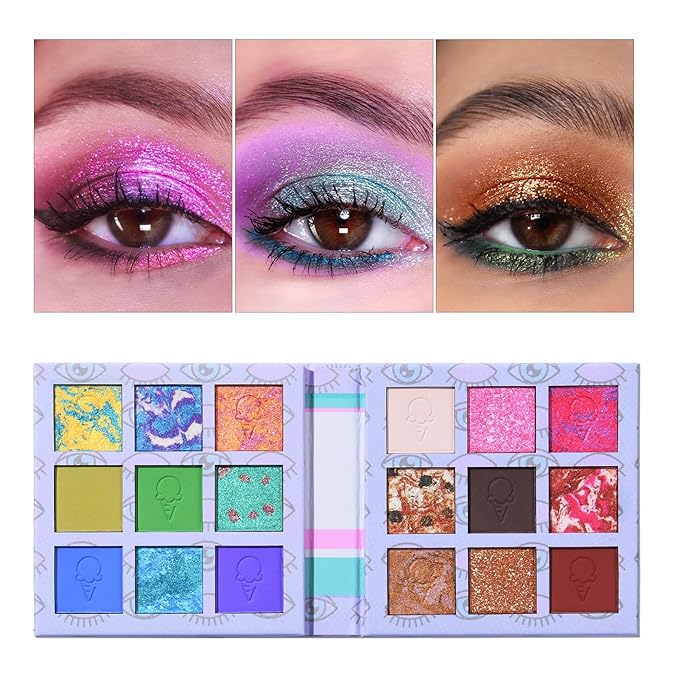 Eyes Cream Eyeshadow Palette Makeup, Blue Pink Nude Brown Glitter Shimmer Matte Eye Shadow Pallets for Cute Popular Eye Make up, 18 colors Ice Cream Original Design, Talc Free