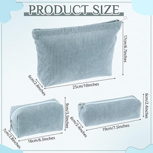 3 Pcs Makeup Bag Set for Women Corduroy Cosmetic Pouch Aesthetic Smile Travel Toiletry Bag Cute Purse Pouch Pencil Case Makeup Brushes Storage Organizer for Christmas(Blue,Solid Style)