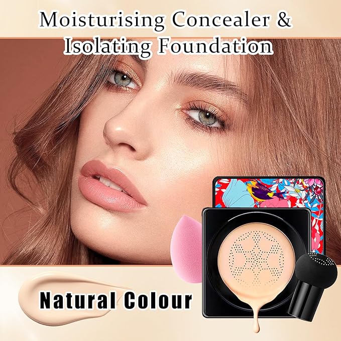 2Pcs Mushroom Head Air Cushion CC Cream Foundation Makeup,Moisturizing BB Cream Face Makeup Liquid Foundation,Long Lasting Full Coverage Concealer for All Skin Types（Natural）B