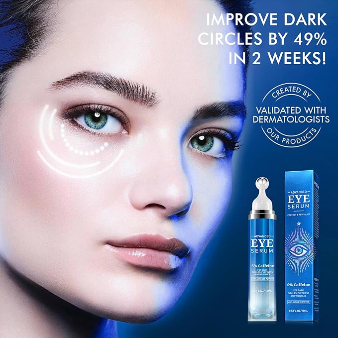 5% Caffeine Eye Cream for Dark Circles and Puffiness, Under Eye Serum for Wrinkles, Eye Serum for Under Eye Bags Fine Lines with 360° Eye Massage Ball, Morning Night Eye Skin Care for Men and Women