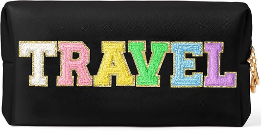 CY2SIDE TRAVEL Letter Makeup Bag - Colorful Chenille Letter Patch Cosmetic Bag Black PU Leather Patch Pouch Waterproof Portable Zipper Travel Organizer Christmas Idea Gifts for Women Girls, Black